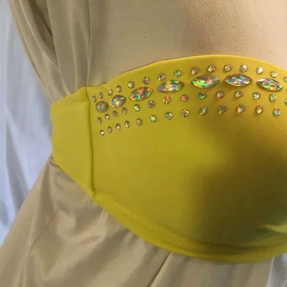 Victorias Secret Bikini Top Padded Push Up Underwire 34D Yellow Jewel Rhinestone - Picture 9 of 13